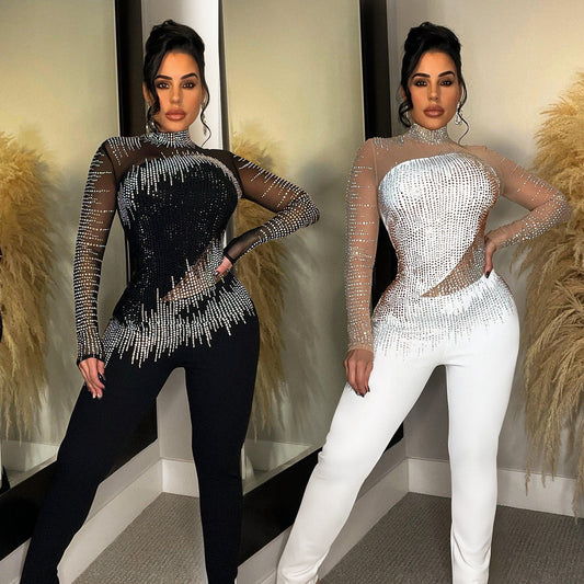 Mesh Rhinestone Long Sleeve Jumpsuit